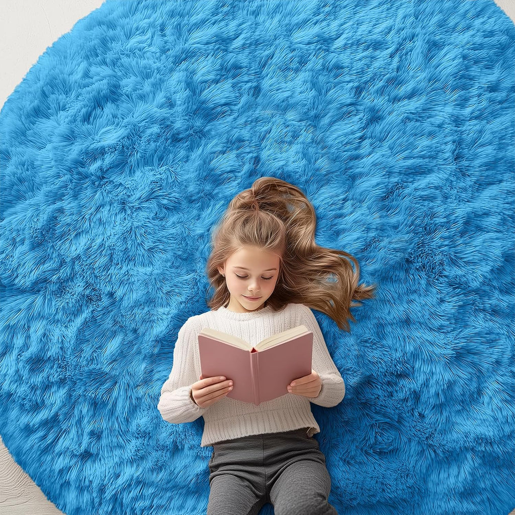 OLANLY Bright Blue Round Rug - Soft, Fluffy Shaggy Carpet, 6 ft Circle for Bedroom & Living Room Decor