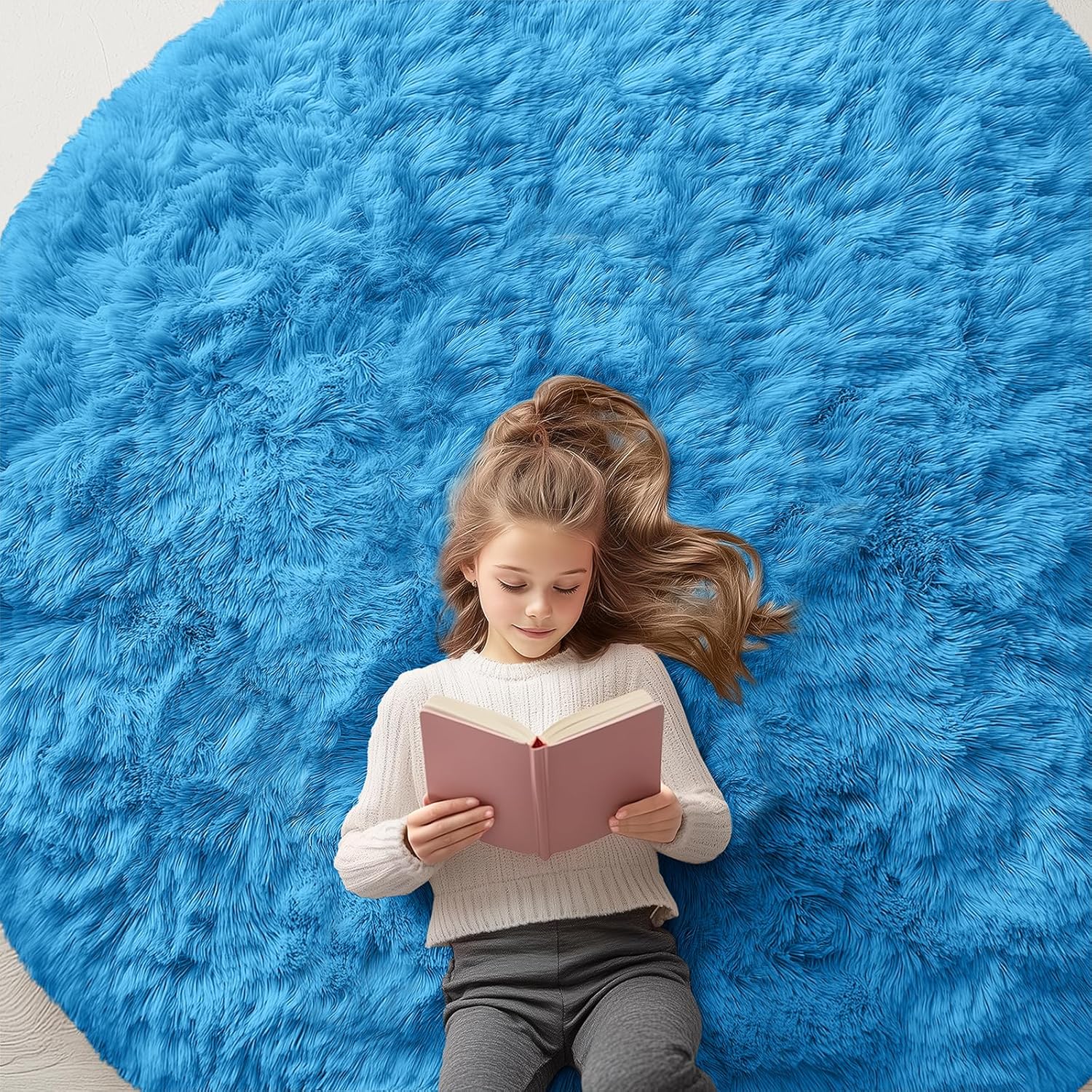OLANLY Bright Blue Round Rug - Soft, Fluffy Shaggy Carpet, 6 ft Circle for Bedroom & Living Room Decor