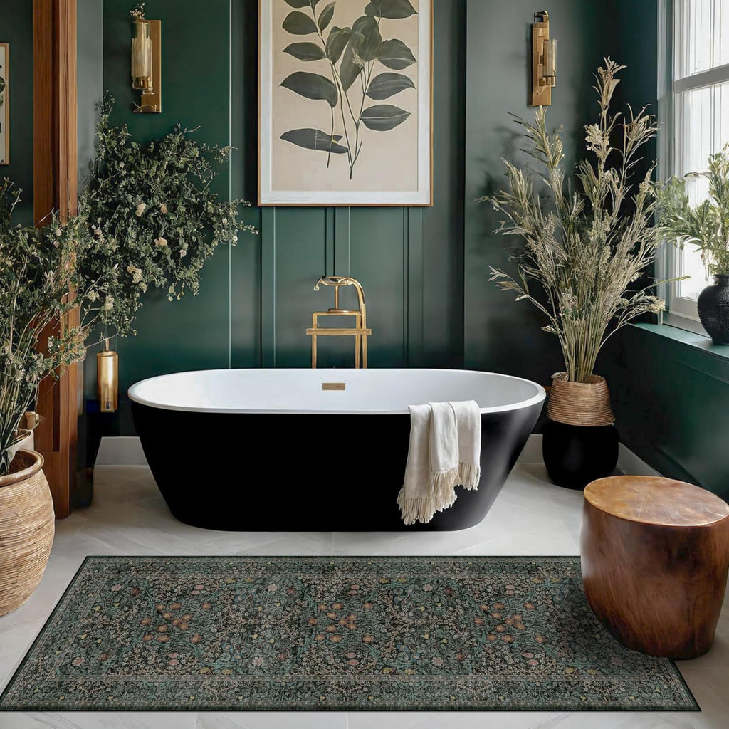 Regine Switzerland Dark Green 2x5 Non-Slip Runner Rug - Washable Floral Boho Design for Entryway