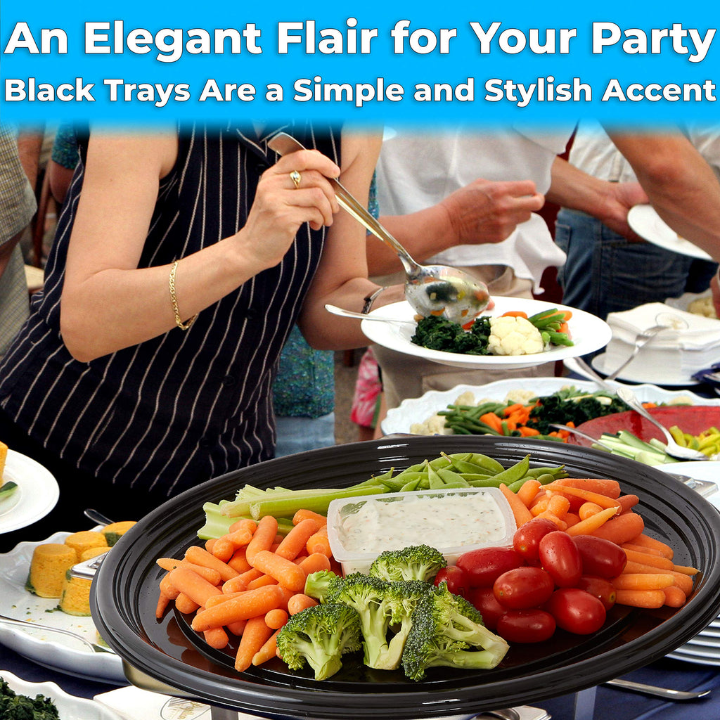 Avant Grub Heavy Duty, Recyclable 16 in. Serving Tray and Lid 10pk. Large, Black Plastic Party Platters with Clear Lids Dishware Plate, Elegant Round Banquet or Catering Trays for Serving