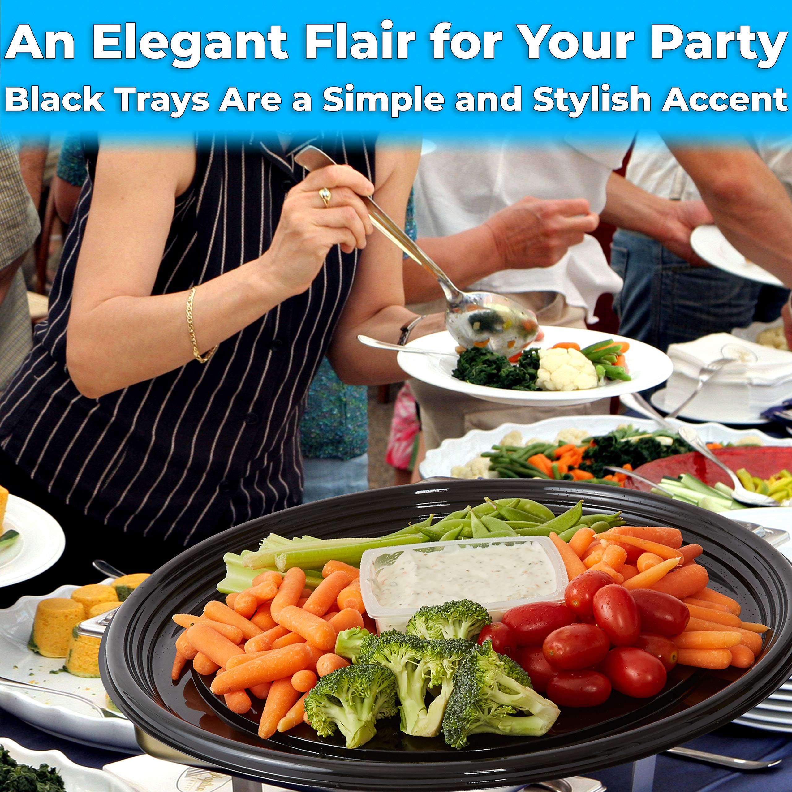 Avant Grub Heavy Duty, Recyclable 16 in. Serving Tray and Lid 10pk. Large, Black Plastic Party Platters with Clear Lids Dishware Plate, Elegant Round Banquet or Catering Trays for Serving