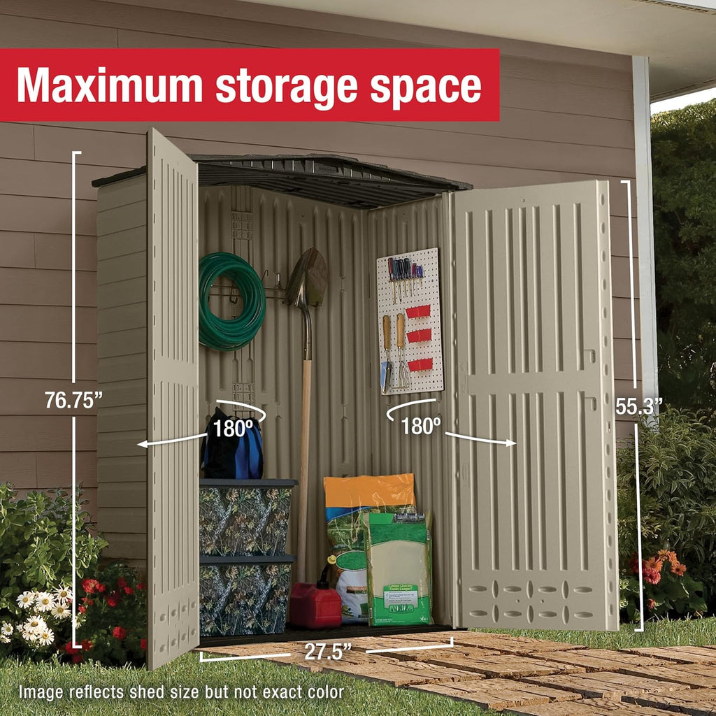 Rubbermaid Small Vertical Resin Outdoor Storage Shed - Weather Resistant, Beige/Brown, 2.3 x 4.6 Ft | Ideal for Backyard, Garden Tools & Patio Cushions