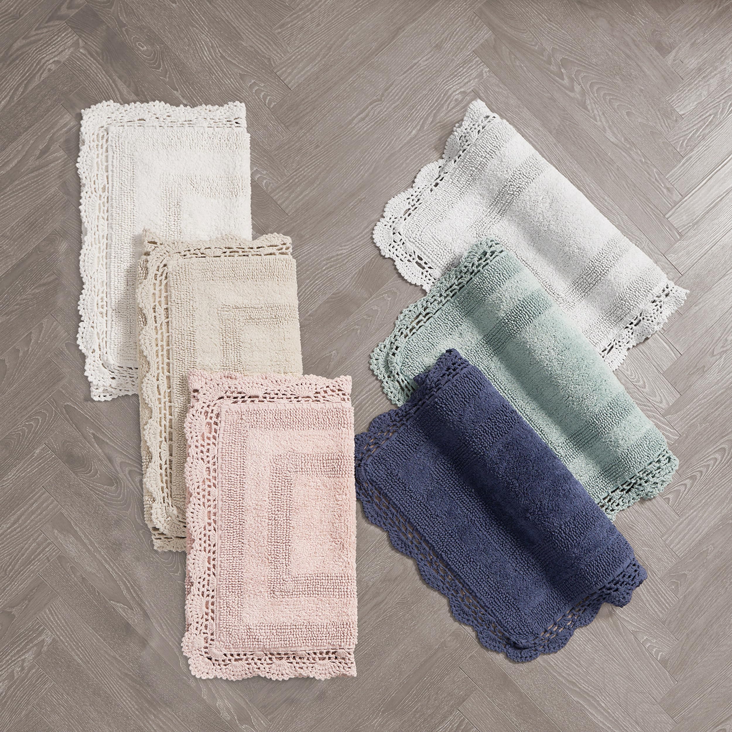 Laura Ashley Absorbent Bath Mat Reversible Crochet Soft and Plush Bathroom Mat 100% Cotton 2-Piece Bath Rug Set, Light Grey