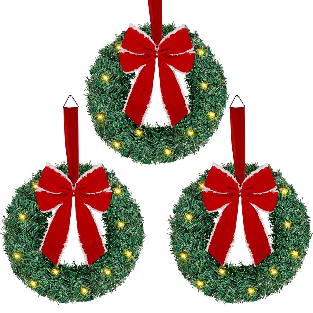 ATDAWN 3 Pack Mini Christmas Wreath, Lighted Christmas Front Door Wreath, Xmas Wreath for Holiday Christmas Party Decorations (Red Bow)
