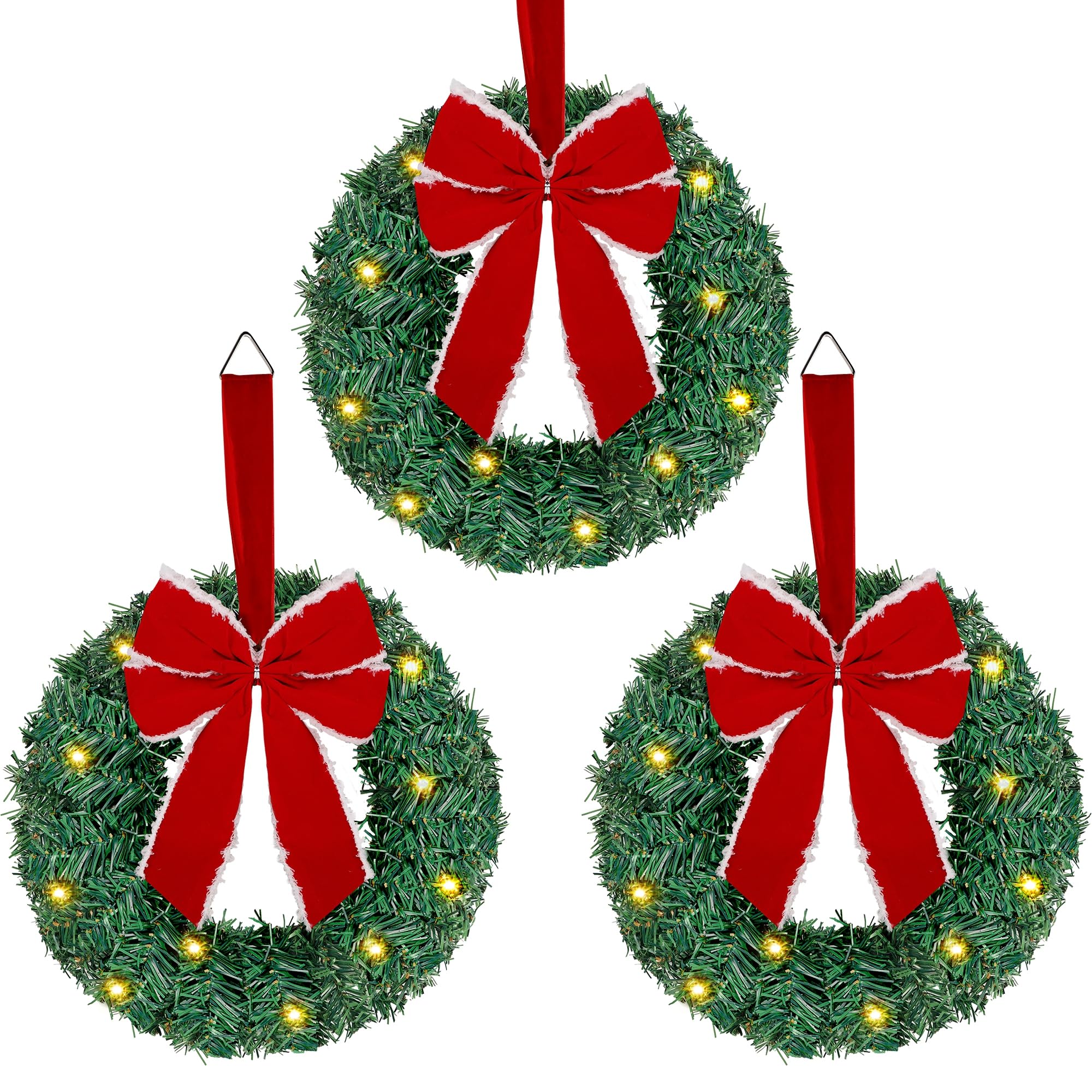 ATDAWN 3 Pack Mini Christmas Wreath, Lighted Christmas Front Door Wreath, Xmas Wreath for Holiday Christmas Party Decorations (Red Bow)