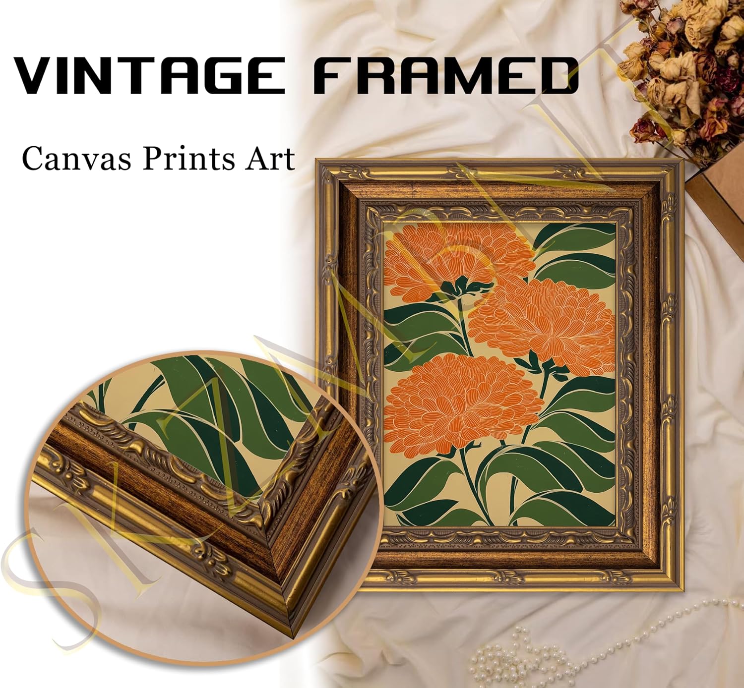 Vintage Gold Framed Canvas Wall Art - Colorful Flower Prints for Living Room & Bedroom Decor