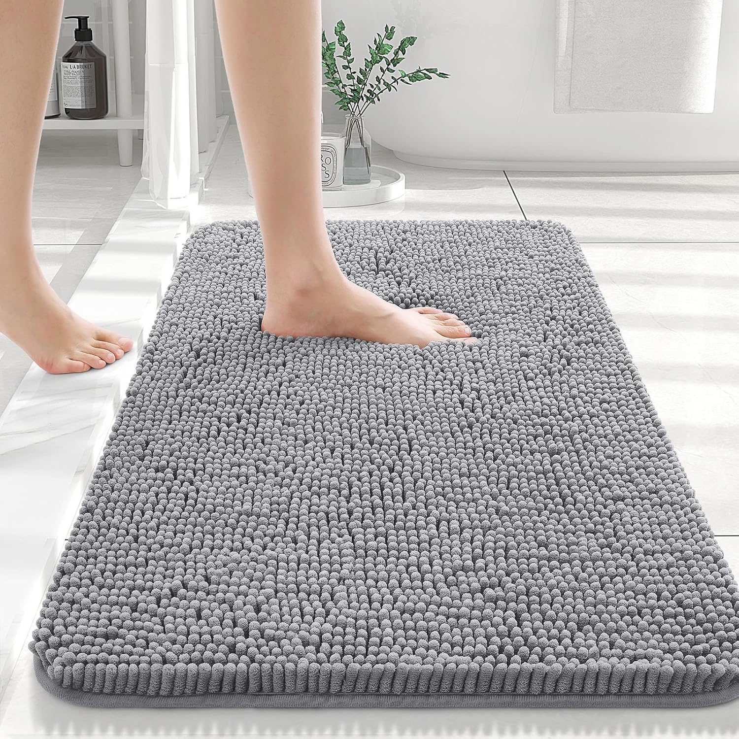 OLANLY Chenille Bath Rug & Shower Curtain Set - 30x20 in Grey & 72x72 in Black/Grey Bundle