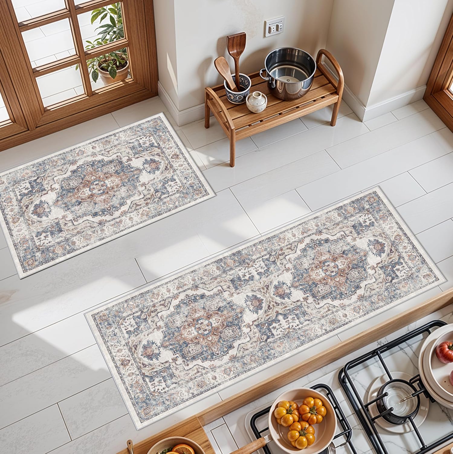 Skiennix Kitchen Runner Rug Set - Washable Non-Slip Mats for Sink & Stove | Soft Low Pile, Water-Resistant (2x3 + 2x4, Brick)