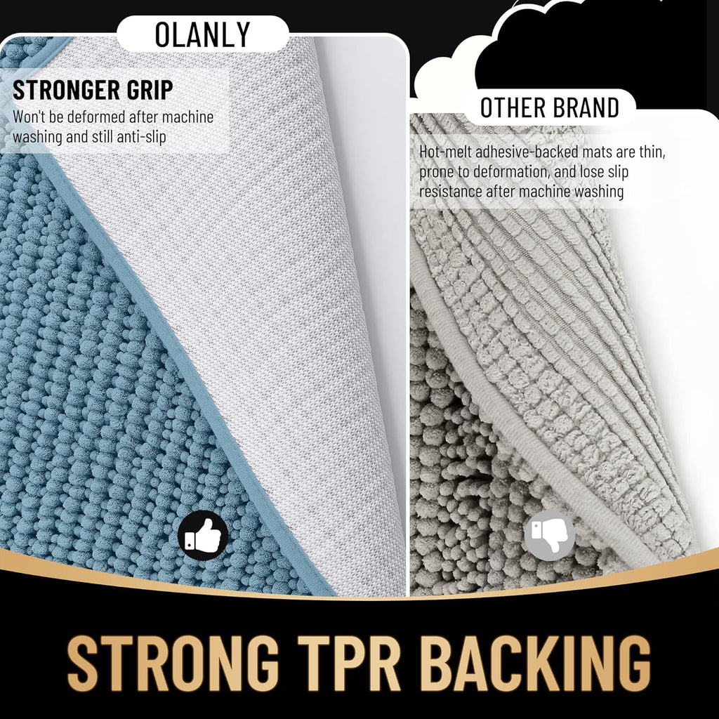 OLANLY Bath Rugs - Extra Soft Chenille, Absorbent & Non-Slip - 24x16 Inches, Airy Blue