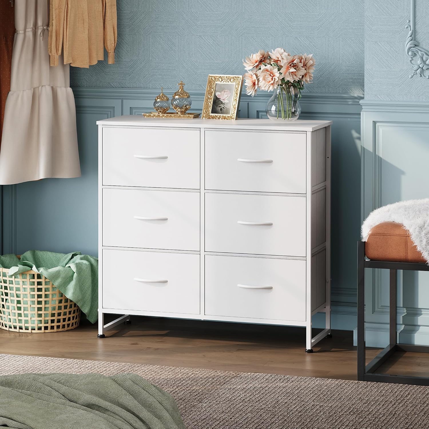 WLIVE White Dresser - 6 Fabric Drawers with Metal Frame & Wooden Top | Versatile Storage for Bedroom, Living Room, Hallway