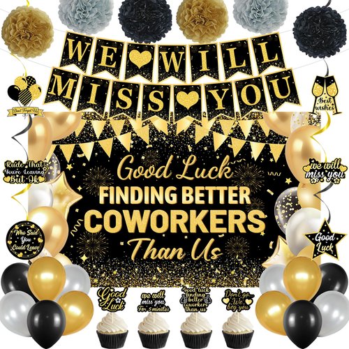 DARUNAXY Black Gold Coworker Farewell Decorations, Good Luck Finding Better Coworkers Than Us Banner We Will Miss You Decor Hanging Swirls Cake Topper for Going Away Goodbye Leaving Party Supplies