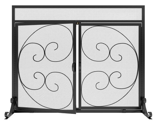 Fire Beauty Fireplace Screen with Magnetic Doors,Handcrafted Wrought Iron Classical Scroll Durable Metal Mesh, Decorative Free Standing Fireplace Spark Guard- Black
