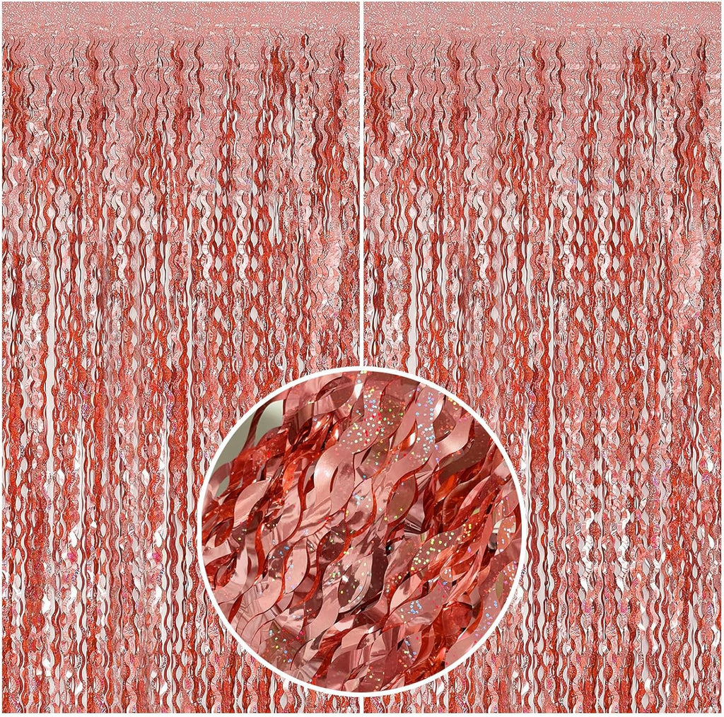 Rose Gold Tinsel Foil Fringe Curtain - Sparkling Wavy Backdrop for Parties & Events