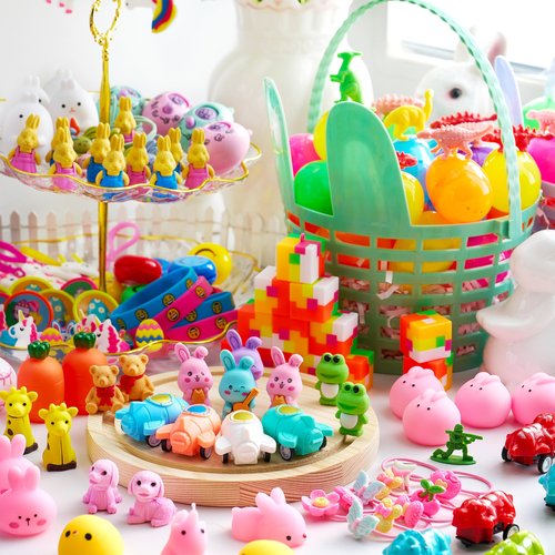 JOYIN 200 Pcs Prefilled Easter Eggs with Novelty Toys and Stickers, Filling Treats, Easter Eggs Hunt, Basket Stuffers Fillers, Theme Party Favor, Classroom Prize