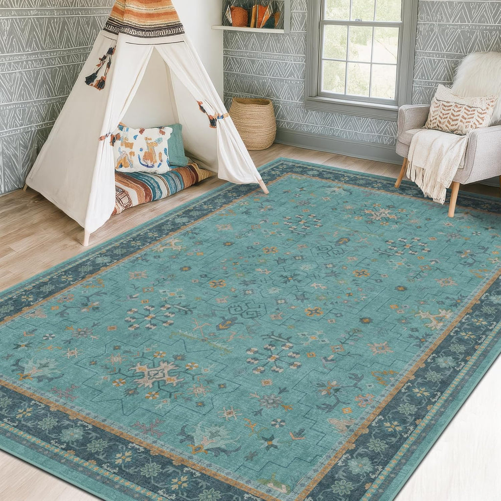 Skiennix 5x7 Teal Rug - Boho Turquoise Living Room Carpet | Washable Non-Slip Design