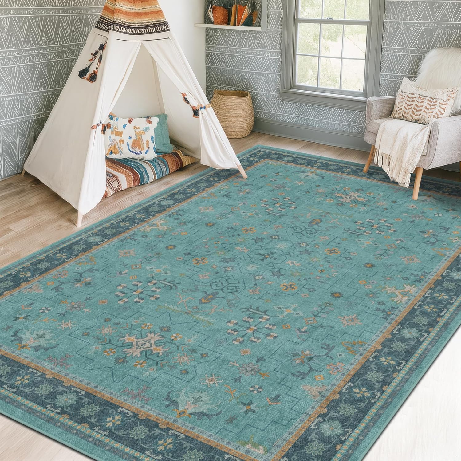 Skiennix 5x7 Teal Rug - Boho Turquoise Living Room Carpet | Washable Non-Slip Design