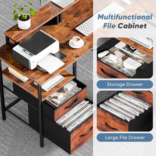 DUMOS L-Shaped Gaming Desk - 62 Inch with Charging Station & Dual Monitor Stands | Brown Corner Desk for Home Office