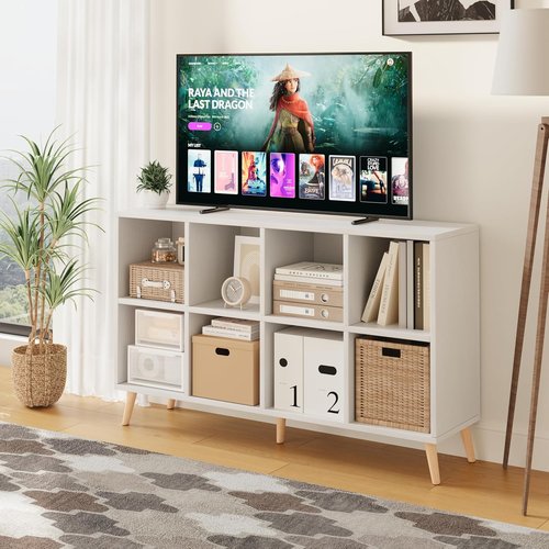 Flrrtenv 8-Cube Bookshelf - Modern 2-Tier Bookcase with Legs | 47" Wood Storage Organizer in White