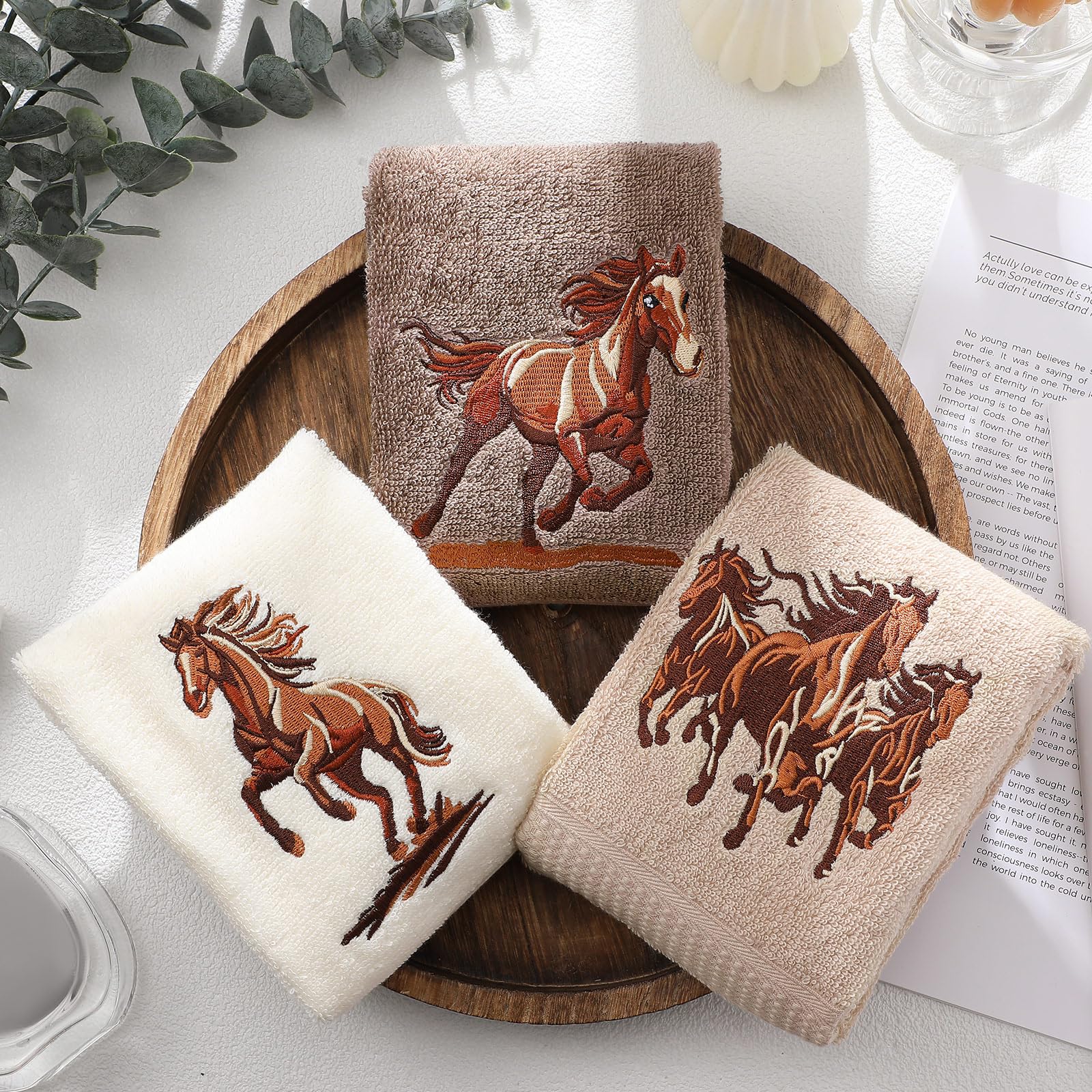 Hillsuren 3 Pcs Western Horse Hand Towels Set for Bathroom 100% Cotton Embroidered Decorative Equestrian Horse Themed Gifts Farmhouse Towels for Bathroom Kitchen Decor 13. 3 x 29. 5''