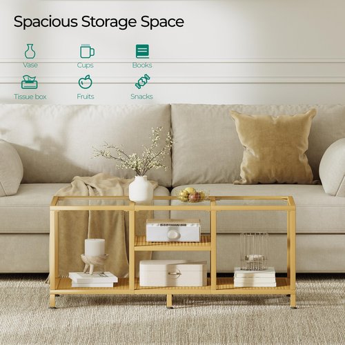JARHETUN Glass Coffee Table, Coffee Tables for Living Room, Small Center Table, Modern Coffee Table with Open Storge&Metal Frame, Rectangular Coffee Tables for Small Space, Home Office, Gold