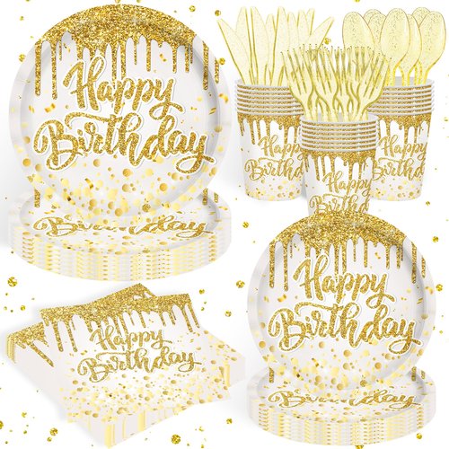140Pcs Golden Happy Birthday Party Decorations White Gold Paper Plates Napkins Cups Tableware Set Women Men Birthday Themed Party Decor for 20 Guests