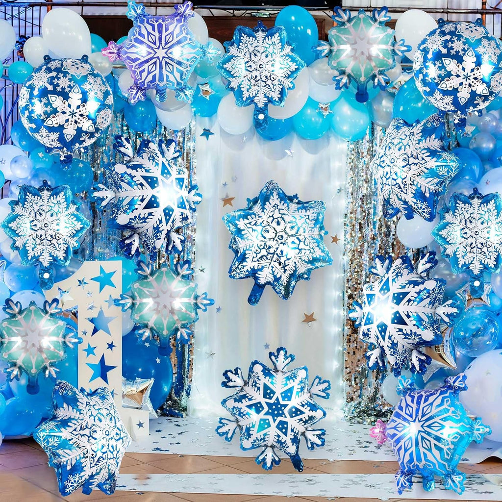 Snowflake Balloons - 24 Pcs Large Foil Balloons | Frozen Snowflake Mylar for Winter Wonderland Parties
