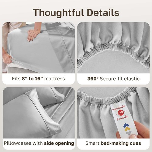 California Design Den 100% Cotton Queen Sheets Set - Silky Smooth Sateen, Deep Pockets, Light Grey