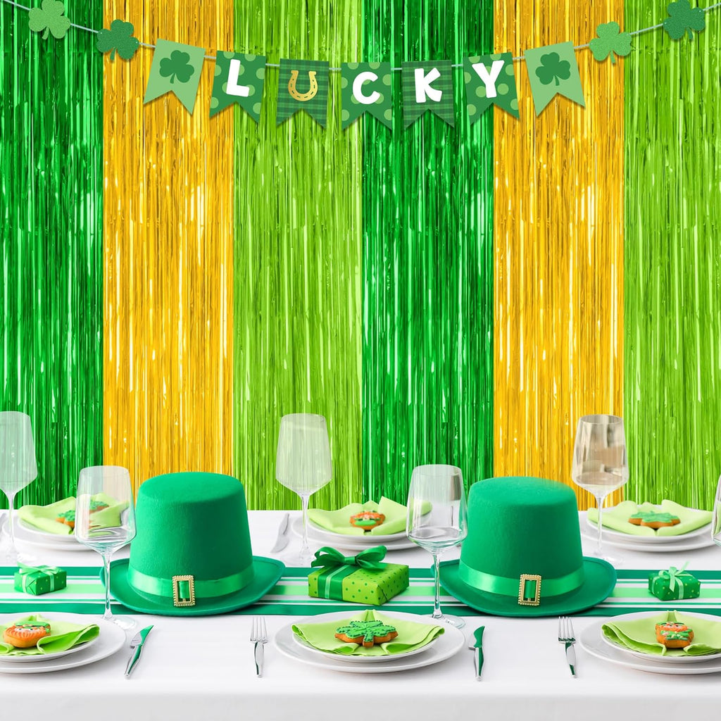 St. Patrick's Day Party Decorations - 2 Pack Green & Gold Backdrop Curtains | 3.28 FT x 7.05 FT Tinsel Streamers