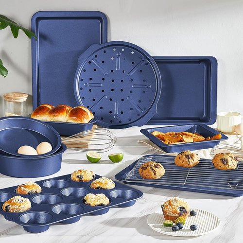 HONGBAKE Nonstick Bakeware Set - 10-Piece Kitchen Baking Pans with Wider Grips | Blue Color