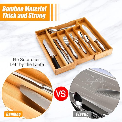 Bellsal Bamboo Silverware Organizer - Expandable Kitchen Drawer Utensil Holder | Cutlery Tray for Home Use