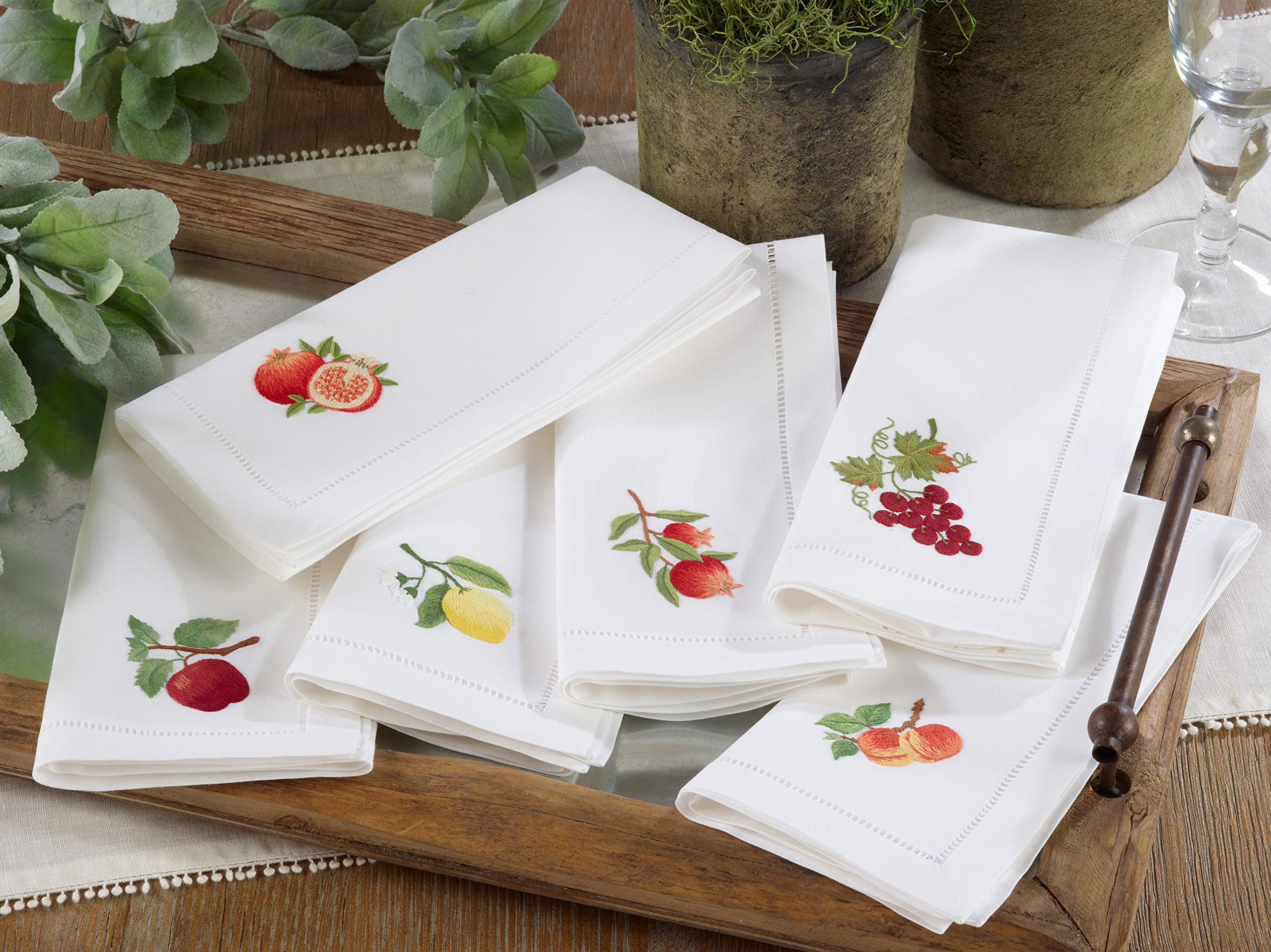 Handmade Pomegranate Embroidery Napkin with Hemstitched Border (Set of 6)