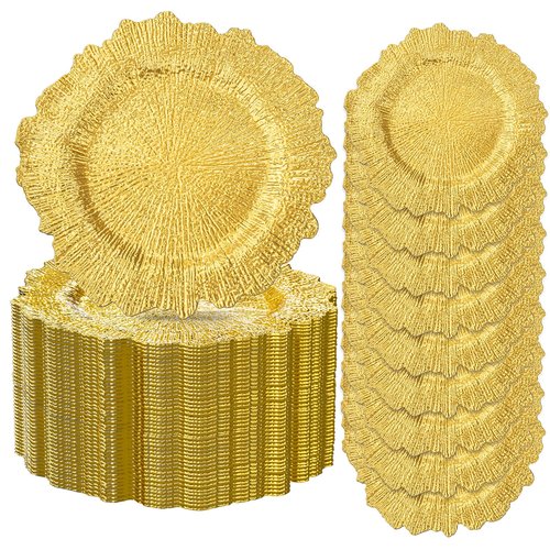 ejonirinjonir 20pcs Gold Charger Plates,13 Inch Charger Plates Bulk,Round Ruffled Rim Chargers for Dinner Plate,Disposable Chargers Plate for Wedding,Party