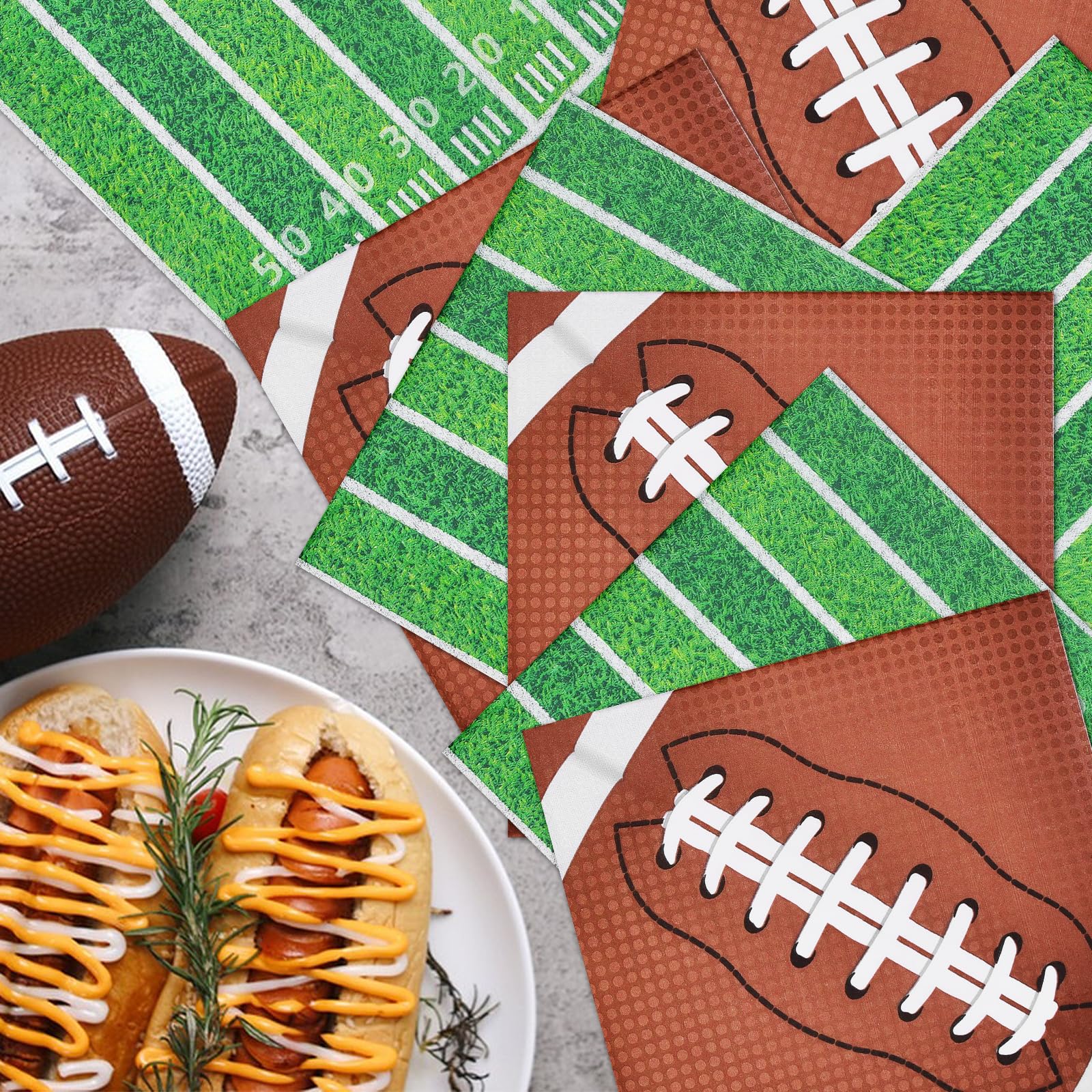 80 Count Football Paper Napkins - 2 Pattern 13 x 13 Inches Disposable Beverage Cocktail Napkins with Sports Ball and Field Designs for Tailgate Parties, Birthdays, and Sports Events