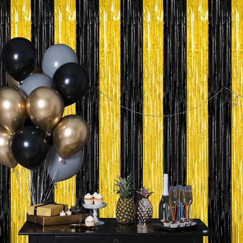 2 Pack Black and Gold Foil Fringe Curtains by [Brand Name] - Graduation Backdrop | 3.28 FT x 7.05 FT Party Decorations for Class of 2026