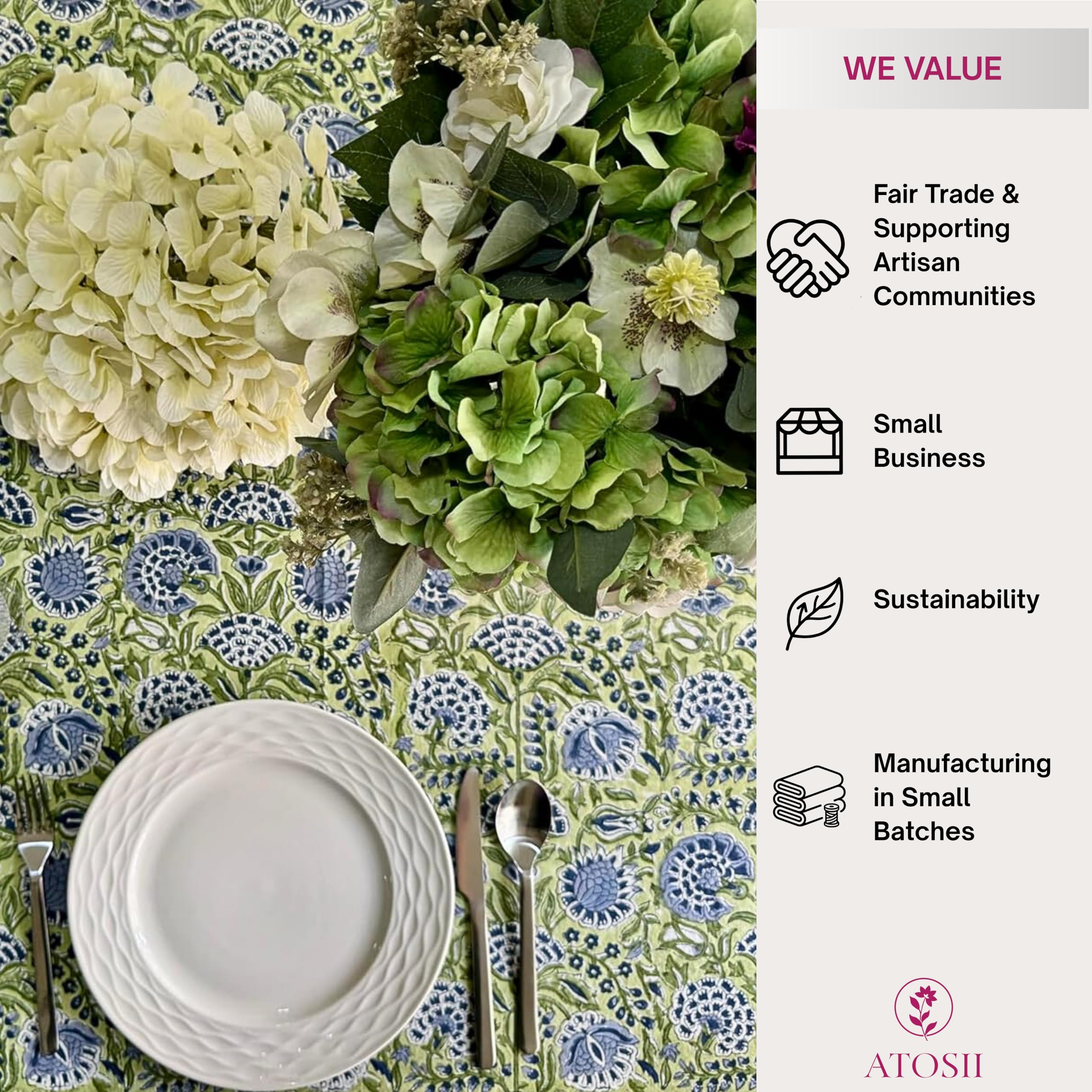 ATOSII Amara 100% Cotton Round Summer Tablecloth, Handblock Print Floral Table Cloth for Kitchen Dining Linen I Parties, Weddings, Outdoors I Grand Millennial Farmhouse Home Decor 72" Inches Round