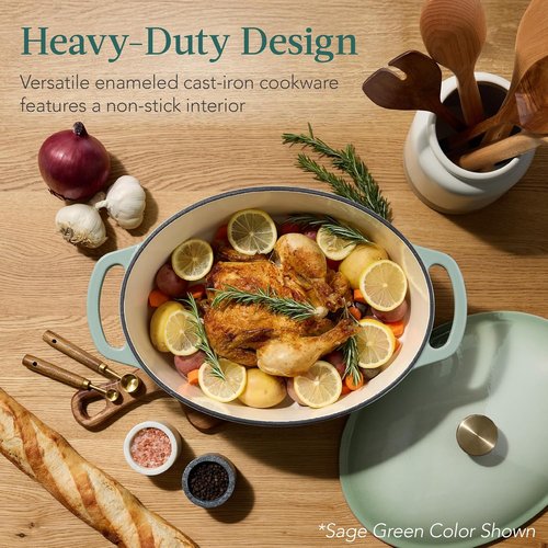 Best Choice Products Oval 7.5 Quart Enamel Cast-Iron Dutch Oven - Heavy-Duty Pre-Seasoned for Cooking | Deep Olive Green