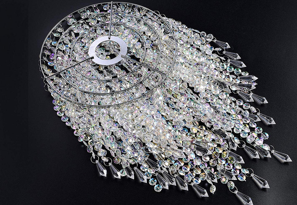 Waneway 3 Tiers Ceiling Chandelier Pendant Light Shade with Acrylic Jewel Droplets, Beaded Lampshade with Chrome Frame and Clear Beads, Diameter 8.7 inches, Clear