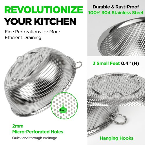 COMPORT K Premium 18/8 304 Stainless Steel Micro-Perforated Small and Big Colander Set of 4 with rings - 3.5-5.5-7.5-9.5 Quart Set, Self-Draining Solid Base for Pasta, Fruits, Vegetables