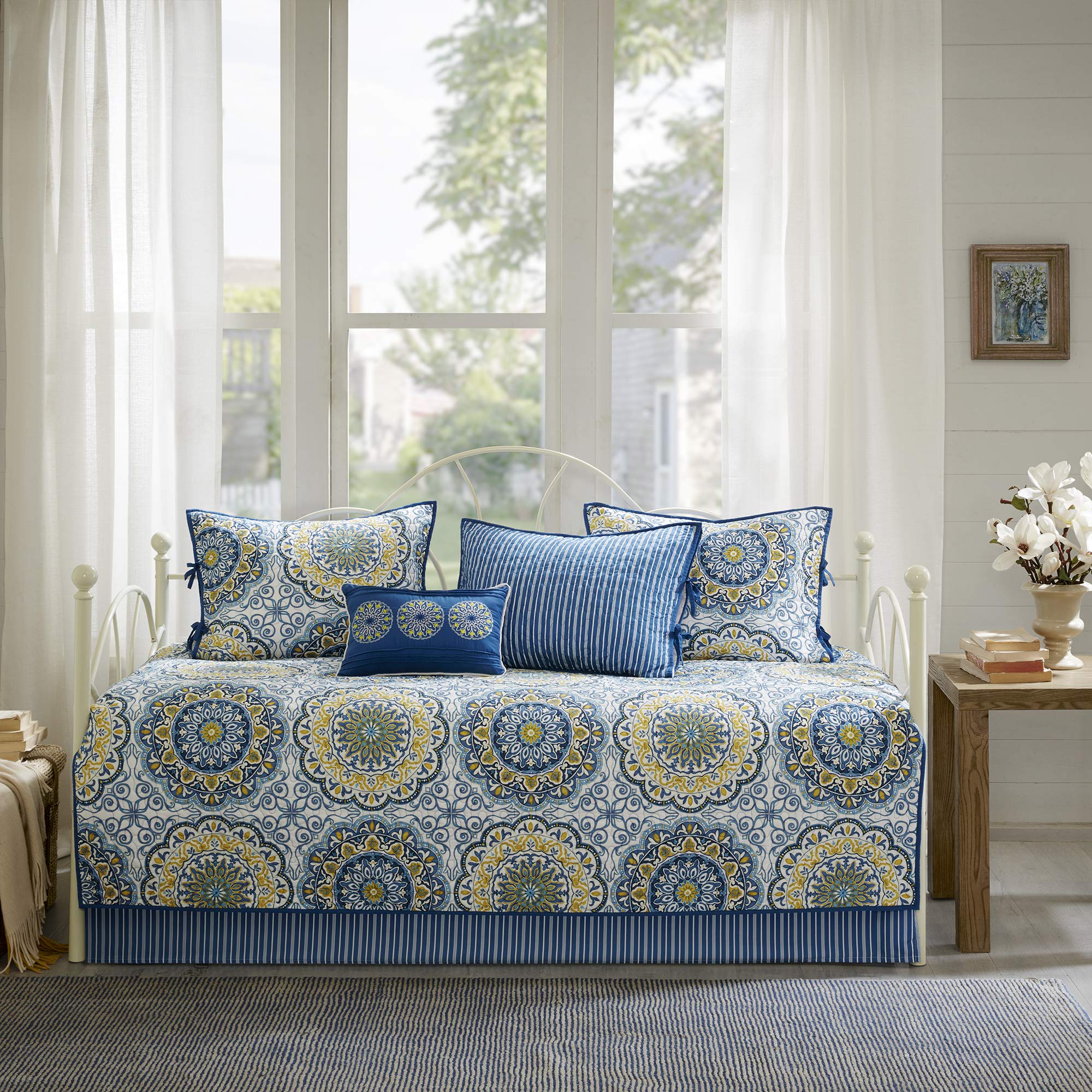 Madison Park Daybed Cover Set-Double Sided Quilting Casual Design All Season Bedding with Bedskirt, Matching Shams, Decorative Pillow, 75"x39", Medallion Blue 6 Piece