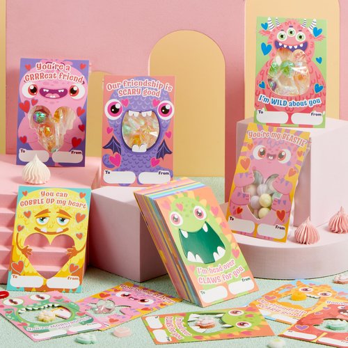 JOYIN 72 Pcs Valentines Day Gifts Cards of Monster Designs with Bags, Valentine’s Horrow Greeting Cards Candy Holder Cards for Kids, Classroom Exchange Cards Party Favors(Candy Not Included)