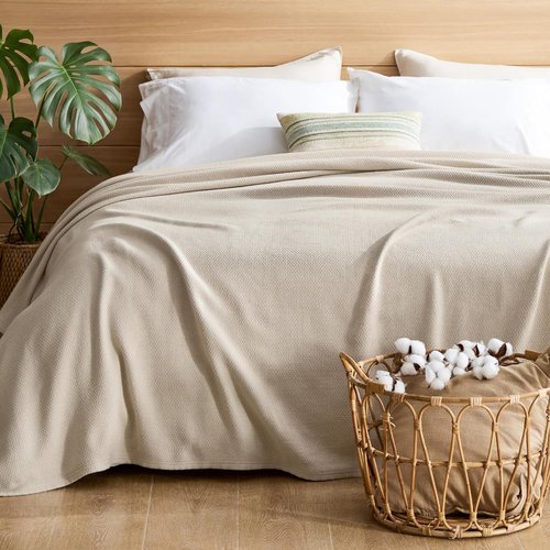 Bedsure GentleSoft 100% Cotton Blanket - Breathable, Lightweight Herringbone Design, Linen Beige, 90x90 Inches