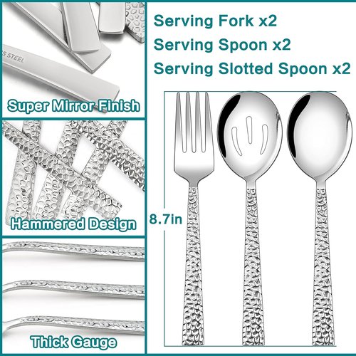 E-far Hammered Serving Utensils Set - 6-Piece Stainless Steel Hostess Set | 8.7-Inch, Dishwasher Safe
