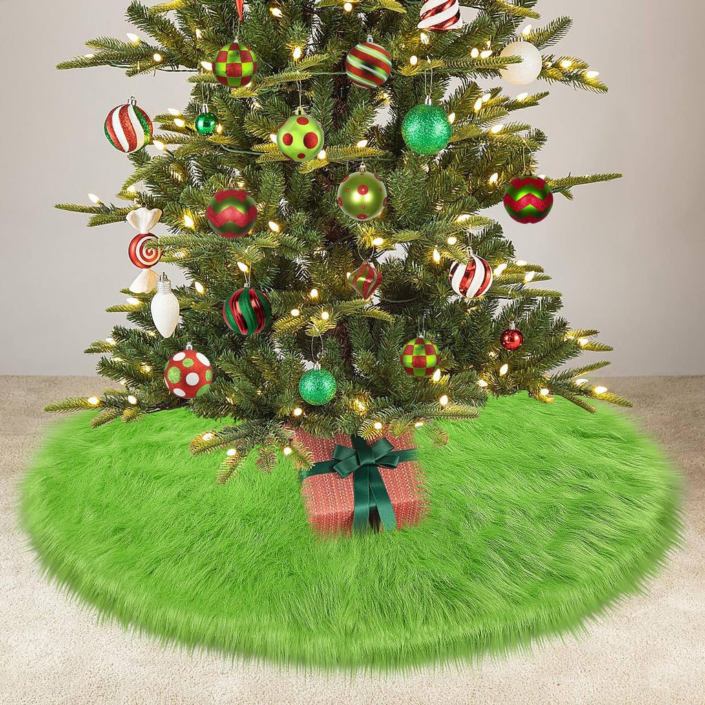 yuboo Spring Green Tree Skirt 48 inch, Large Fluffy Faux Fur Tree Skirt Decorations Ornaments for Artificial Trees 6-7.5 Ft, Furry Tree Rug Home Decor