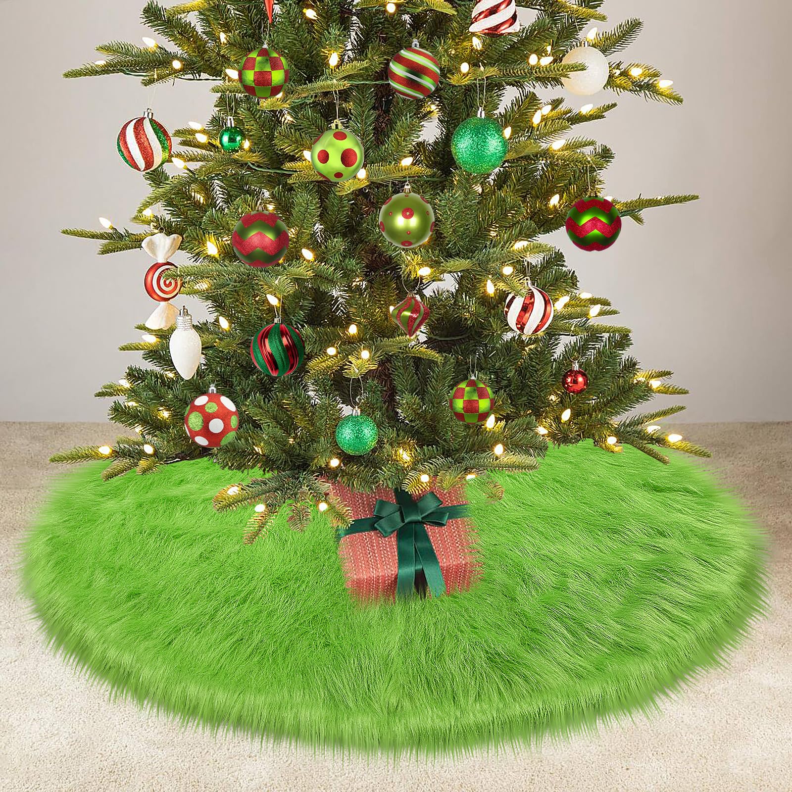 yuboo Spring Green Tree Skirt 48 inch, Large Fluffy Faux Fur Tree Skirt Decorations Ornaments for Artificial Trees 6-7.5 Ft, Furry Tree Rug Home Decor