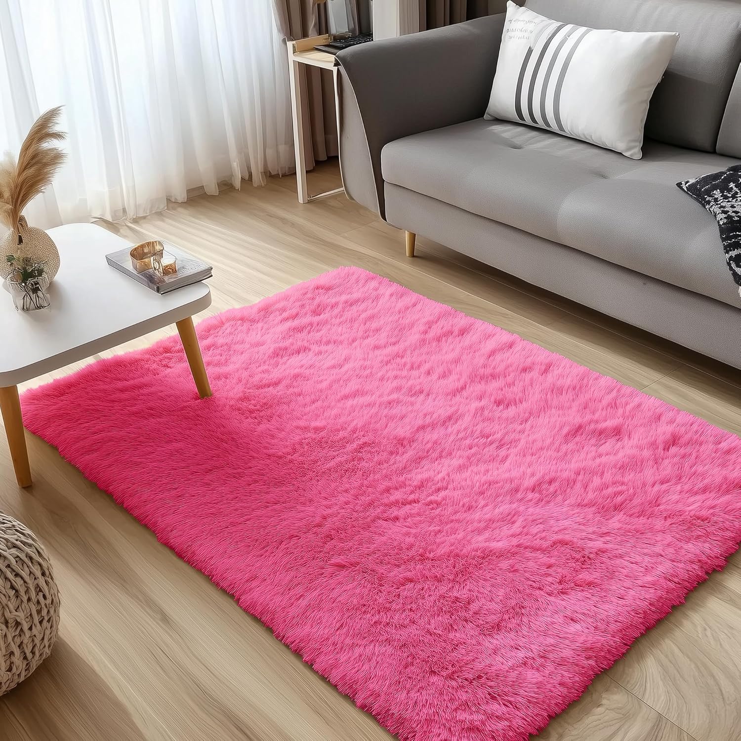 OLANLY Soft Fluffy Shaggy Bedside Rug - Machine Washable 3x5 for Kids & Nursery | Hot Pink Home Decor