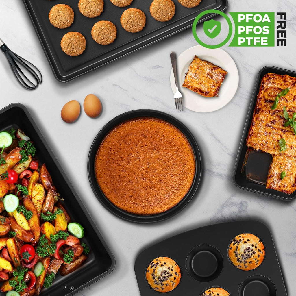NutriChef 8-Piece Nonstick Bakeware Set - Non-Toxic Carbon Steel Trays for Easy Baking & Cleanup - Brown