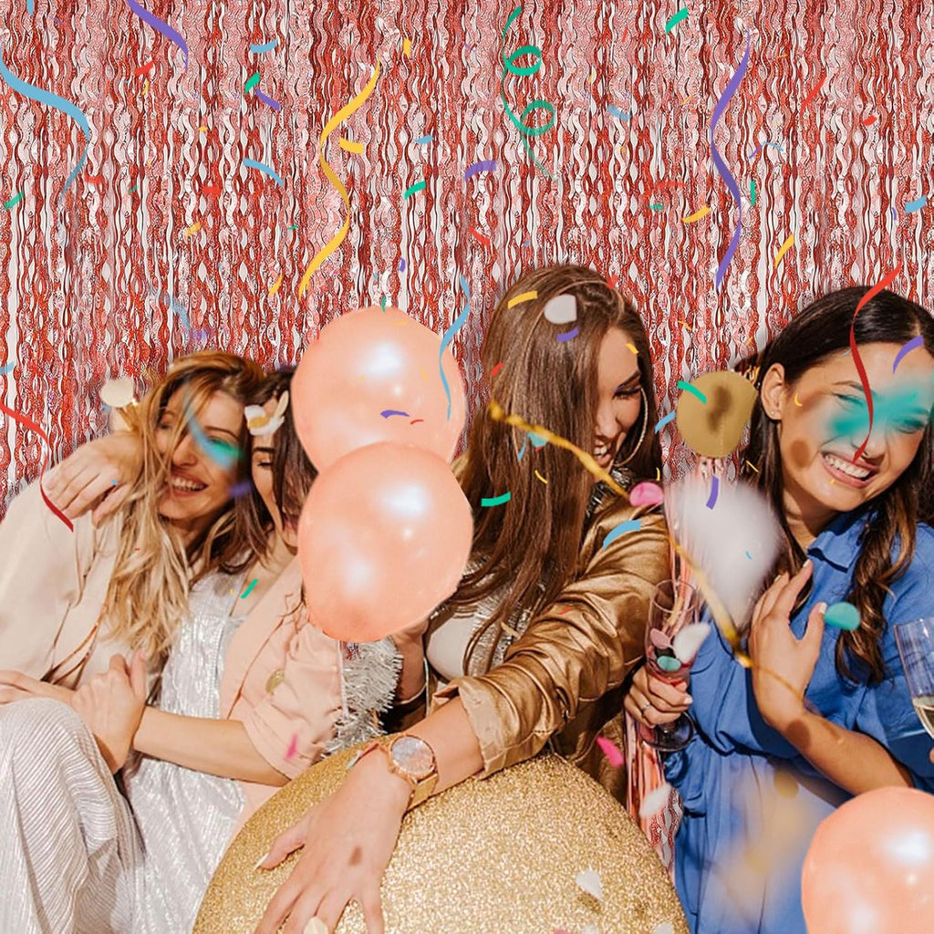 Rose Gold Tinsel Foil Fringe Curtains - Wavy Backdrop for Parties & Events | Photo Booth Decor