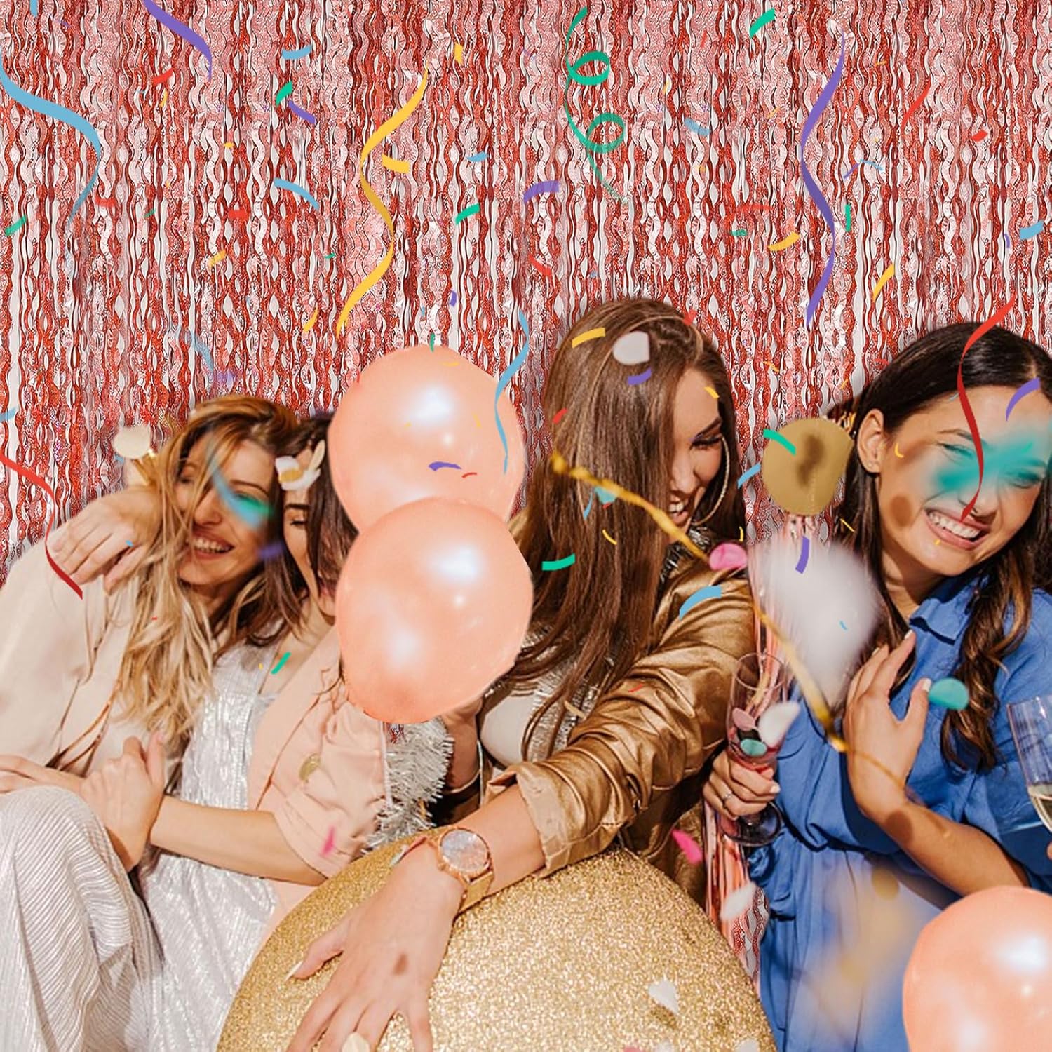 Rose Gold Tinsel Foil Fringe Curtain - Sparkling Wavy Backdrop for Parties & Events
