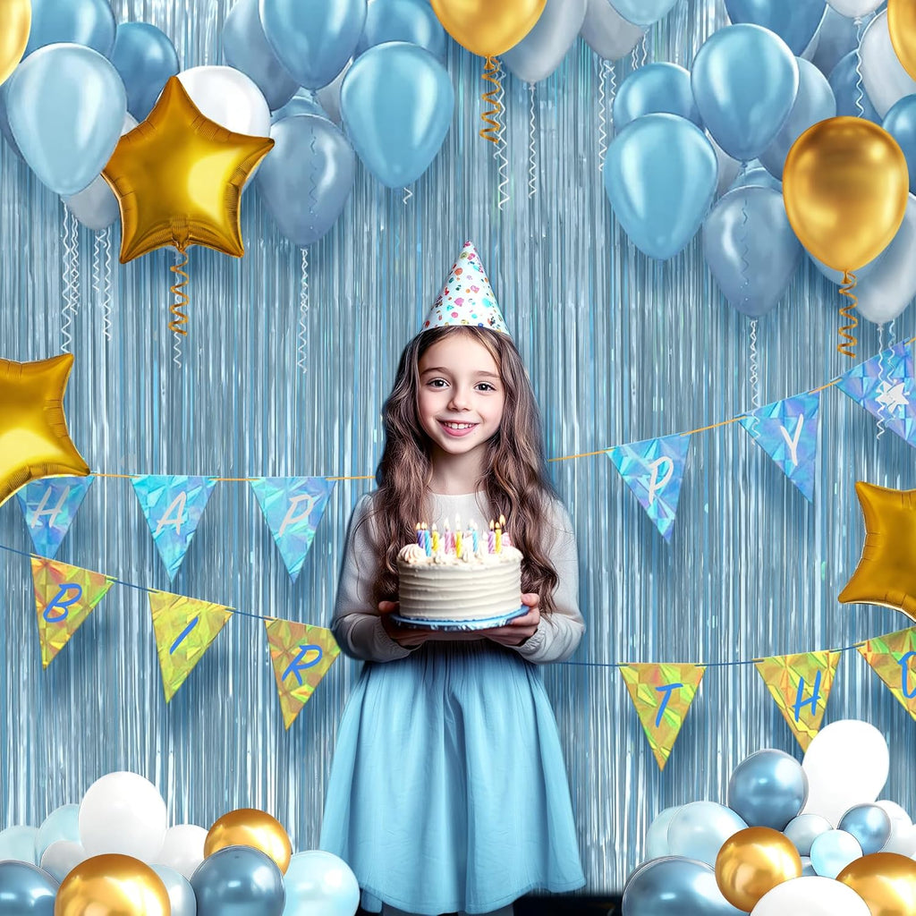Skiennix 2 Pack Metallic Light Blue Fringe Backdrop - 3.2x8.2ft Shining Foil Tinsel Curtains for Parties & Events