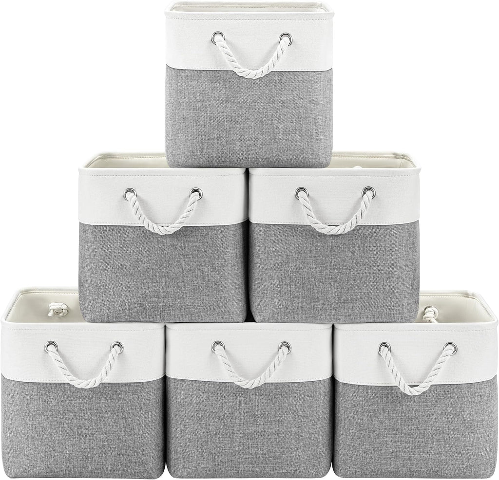 Patvingot 11-Inch Cube Storage Bins - 6 Pack Fabric Organizer Baskets with Rope Handles | White/Gray